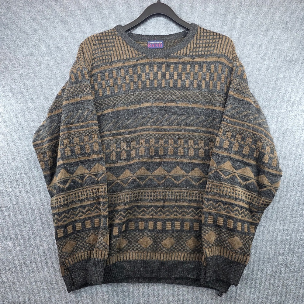 Christopher Rand Mens Vintage Geometric Knit Crewneck Sweater Brown Grey
